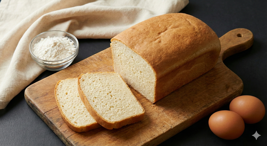 Sliced gluten-free sandwich bread with a tight, even crumb on a wooden cutting board, baked in a 9x5 loaf pan