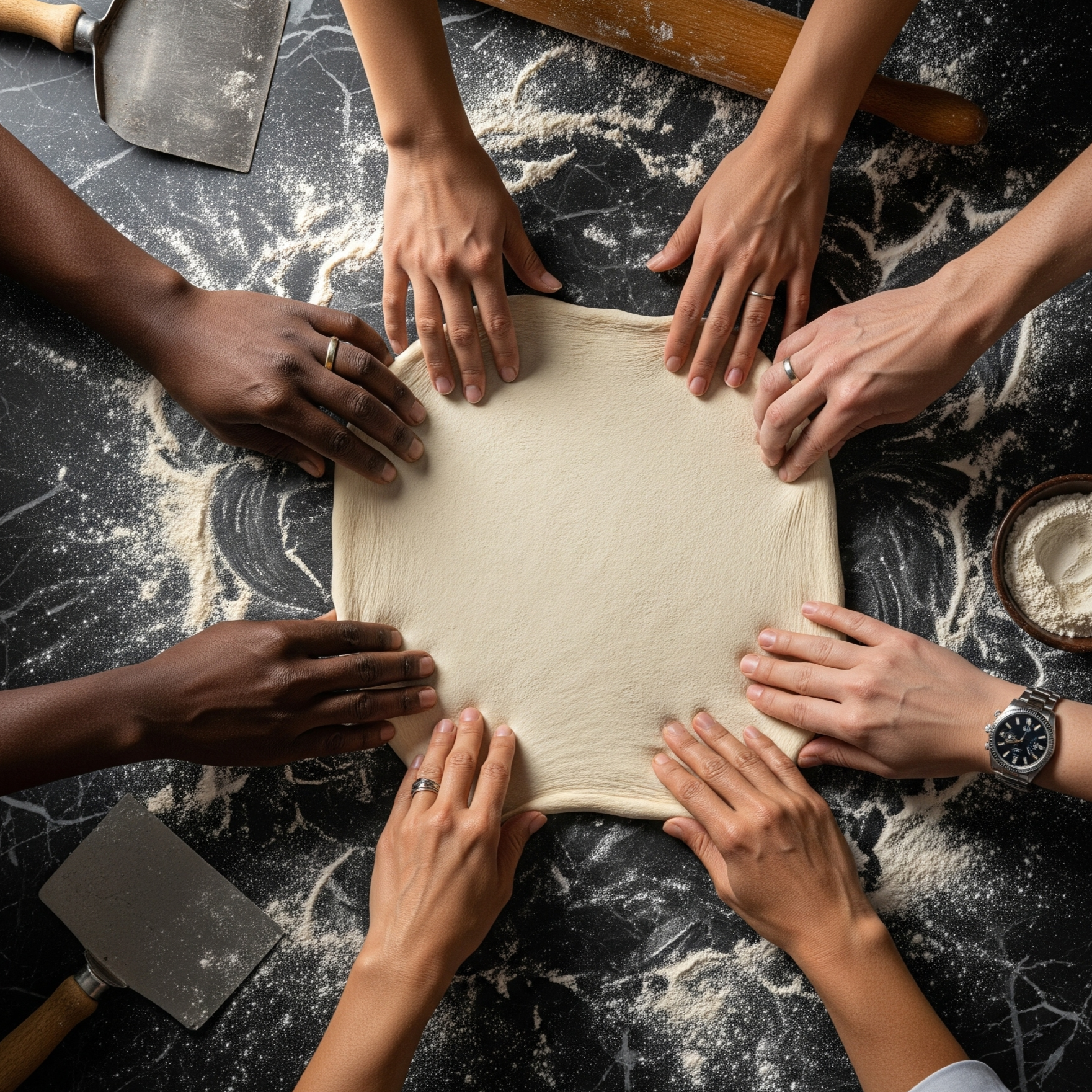 Overhead view of diverse executive hands collaborating on pizza dough revealing team dynamics