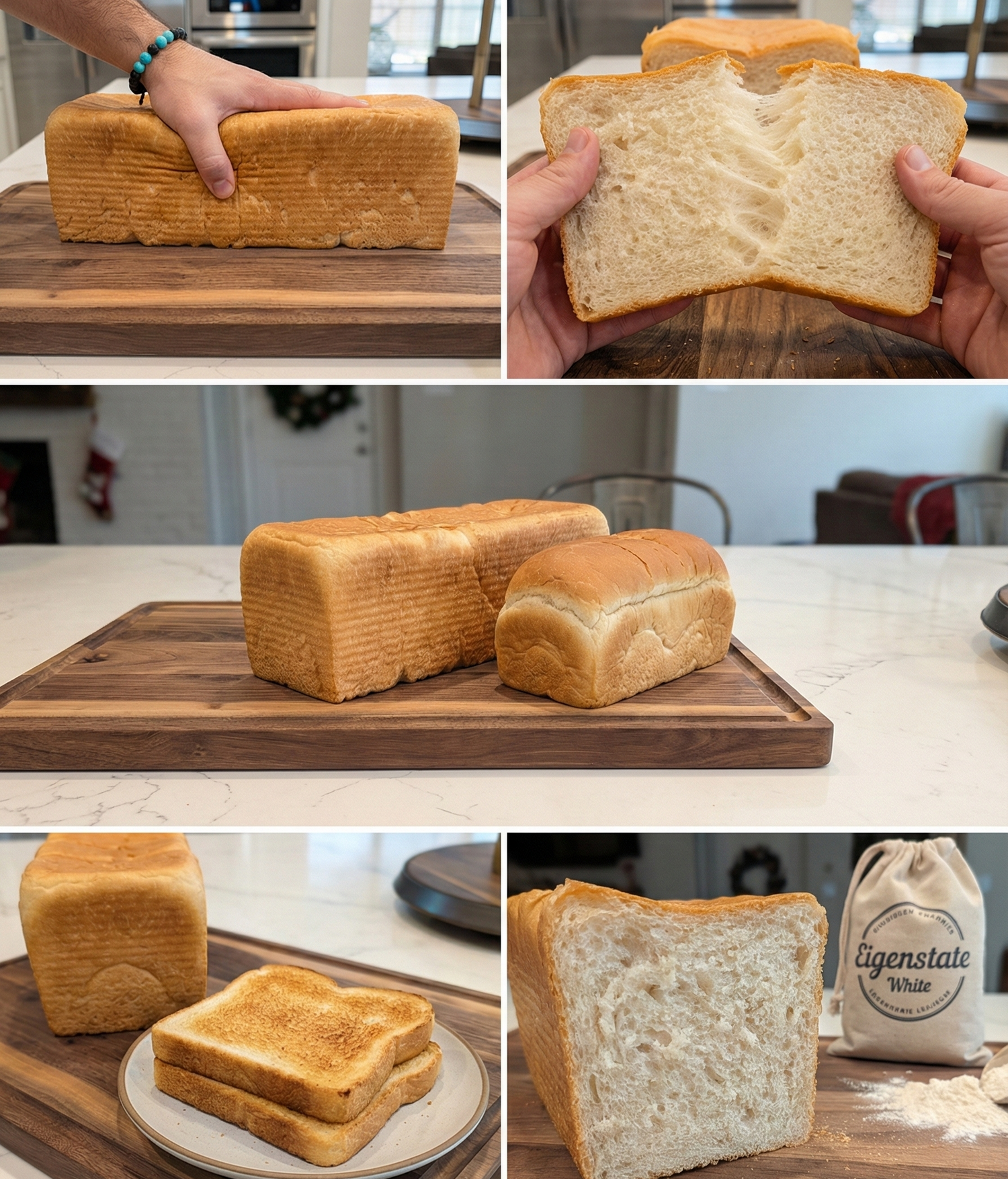 Collage of images showing a loaf of bread, sliced bread, and bread on a plate.