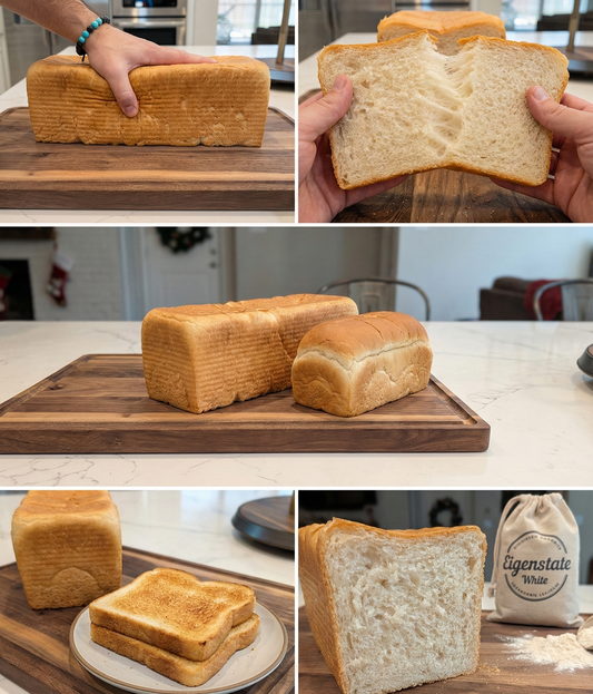 Collage of images showing a loaf of bread, sliced bread, and bread on a plate.